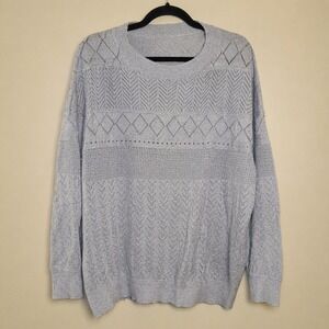 Womens 2XL Gray Pointelle Knit Sweater Pullover Long Sleeve Crew Neck Plus Size